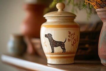 Beige ceramic urn with pet ashes with dog silhouette on it standing on wooden shelf, flowers on the background. Copy space. Funeral concept. Final resting place for a departed soul.