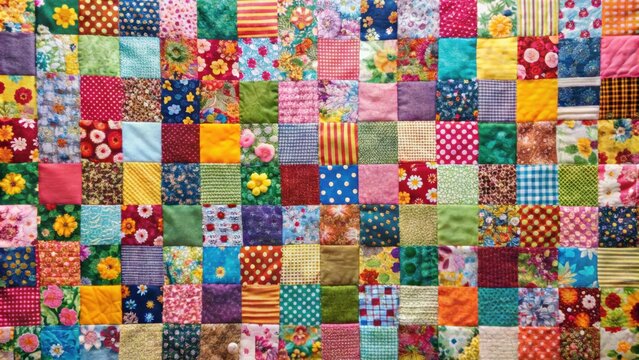 Colorful patchwork quilt made from various fabric patterns, quilt, patchwork, colorful, fabric, patterns, handmade, stitching