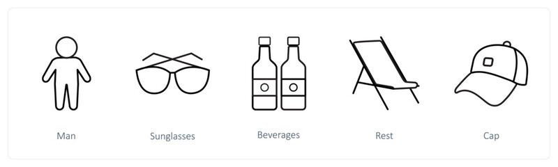 A set of 5 travel and vacation icons such as man, sunglasses, beverages