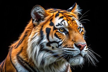 A majestic orange and black tiger's head in profile, whiskers twitching, ears perked, and eyes fixed intently, set against a transparent background.
