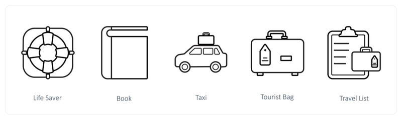 A set of 5 travel and vacation icons such as life saver, book, taxi