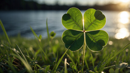 A lucky four-leaf clover shines in the sunlight amidst a field of green grass