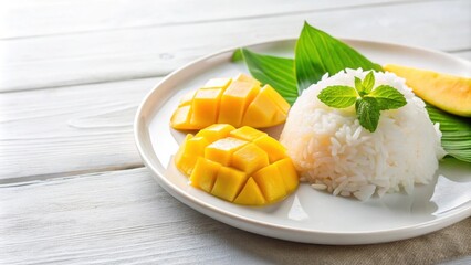 Traditional Thai dessert of mango sticky rice beautifully arranged on a white plate , Thai, dessert, sweet