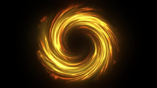 An abstract effect of golden light, a funnel tunnel going into the depths of a black hole, plasma around the copying site. It is ideal for placing a logo or displaying content. 3D rendering, 4K
