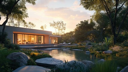 Fototapeta premium Modern house with pool and pond in a lush green landscape.