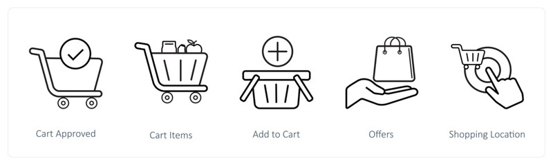 A set of 5 ecommerce and shopping icons such as cart approved, cart items