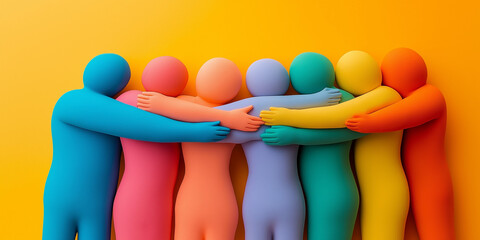 Colorful figurines embracing on solid color background, diversity and unity concept in vibrant hues