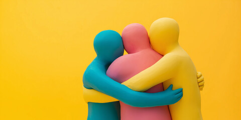 Colorful figurines embracing on solid color background, diversity and unity concept in vibrant hues