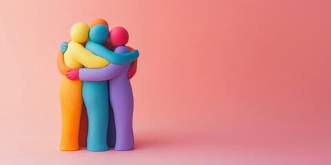 Colorful figurines embracing on solid color background, diversity and unity concept in vibrant hues