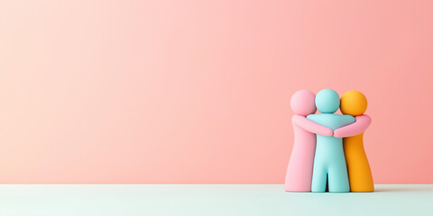 Colorful figurines embracing on solid color background, diversity and unity concept in vibrant hues