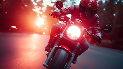 Close-up of a motorcycle rider driving fast on a road at sunset.
