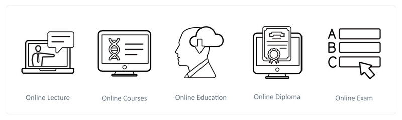 A set of 5 online education icons such as online lecture, online courses