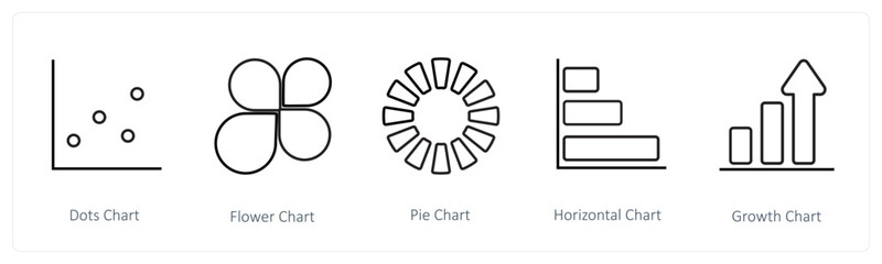 A set of 5 diagram and report icons such as bar chart, flower chart