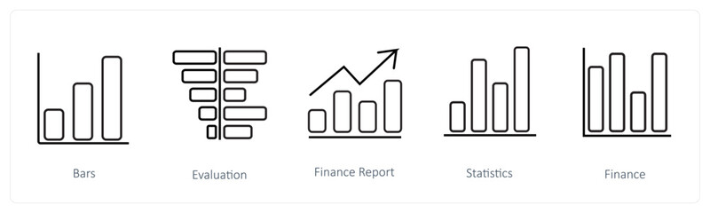 A set of 5 diagram and report icons such as bars, evaluation, finance report