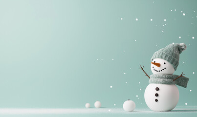 Cute snowman with teal hat and scarf on snowy background with gold ornament, winter holiday scene