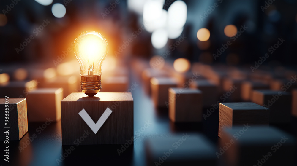 Poster a conceptual image featuring a light bulb on wooden blocks, casting a soft glow, with a checkmark si