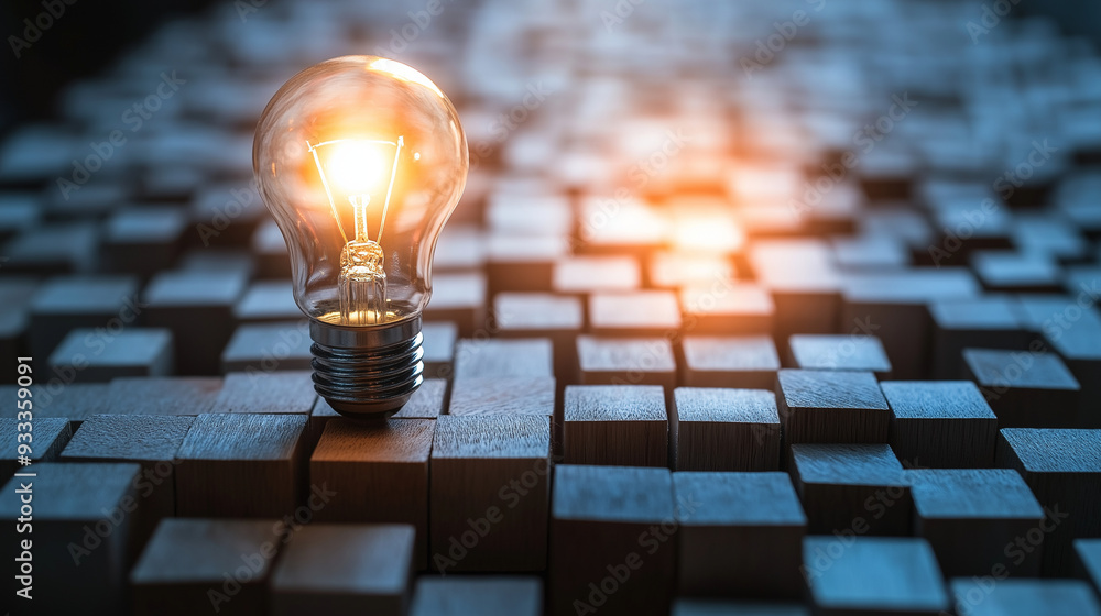 Aufkleber a conceptual image featuring a light bulb on wooden blocks, casting a soft glow, with a checkmark si