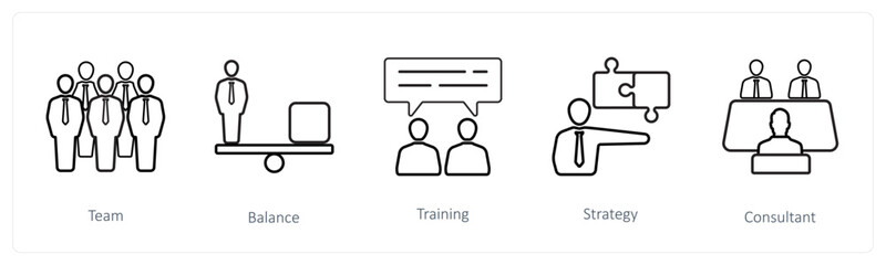 A set of 5 human resource icons such as team, balance, training