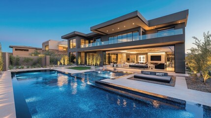 Fototapeta premium Large modern house with a pool and patio area. Exterior is dark gray. Landscaped yard.
