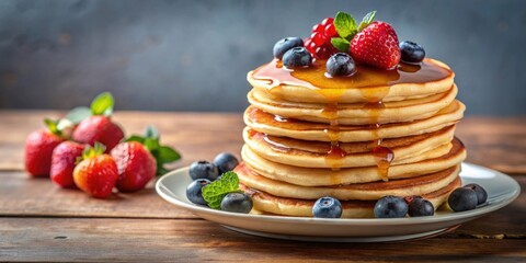 Delicious stack of fluffy pancakes topped with syrup and berries , pancakes, breakfast, food, delicious, sweet, homemade, stack