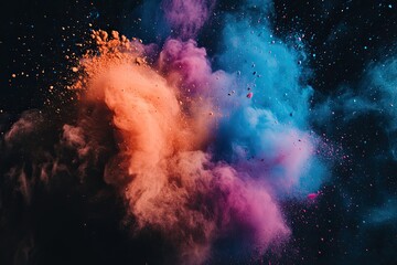 Obraz premium Colored powder explosion Abstract closeup dust on backdrop Colorful explode