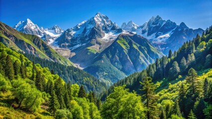 Obraz premium Mountain range, clear blue sky, lush green forest in valley, perfect destination for trekking tourism, mountains, sky