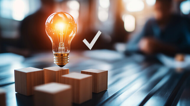 A glowing light bulb resting on wooden blocks, with a checkmark hovering nearby, embodying the concept of an innovative and approved idea