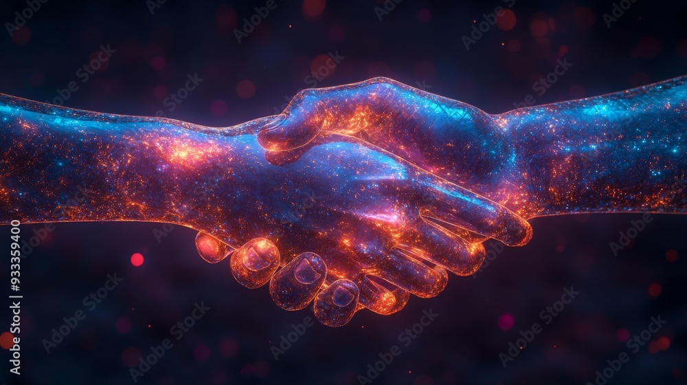 Poster two luminous hands reach out to each other in a cosmic display, representing collaboration and inter