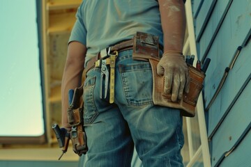 A person standing on a ladder holding a tool belt, useful for DIY projects or handyman scenes