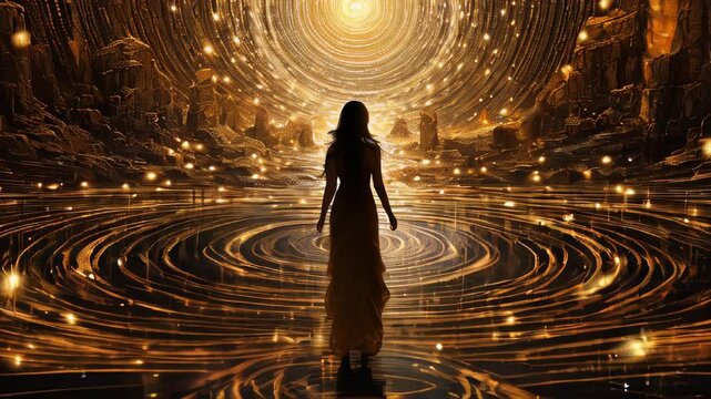 A woman in a dress in an imaginary world with golden circles