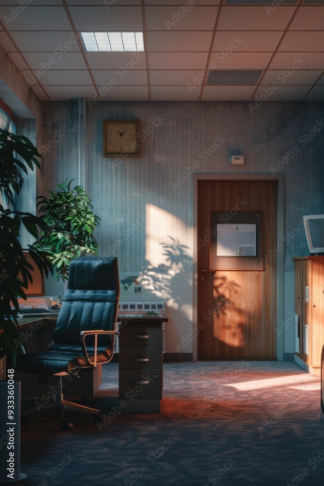 Poster a simple office space with a desk and a chair