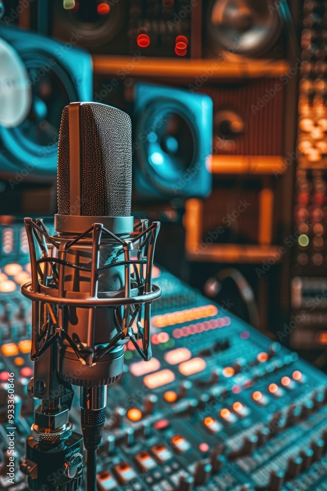 Poster microphone and mixing desk setup for music production or recording