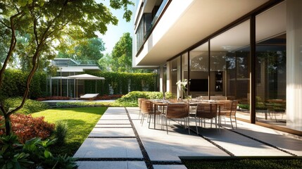 A patio with a dining table and chairs, surrounded by green grass and trees, next to a modern house.