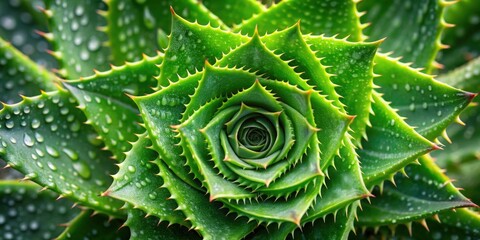 Close-up image of spiral aloe vera with water drops , botanical, succulent, green, plant, closeup, macro, nature, spiral