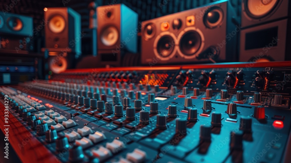 Poster A professional audio mixing console with many adjustable controls and buttons