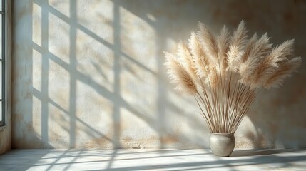 ethereal composition of neutraltoned pampas grass and reeds casting delicate shadows on textured wall evoking parisian elegance