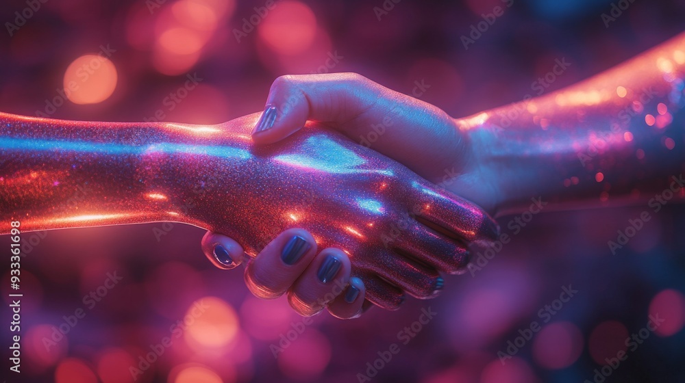 Poster hands join together in a glowing handshake, surrounded by colorful lights, representing collaboratio