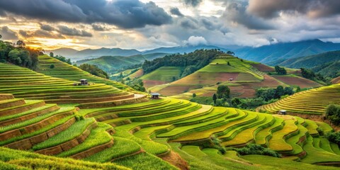 Obraz premium Agricultural terraces on mountains in Chiangrai province, mountain, agriculture, farm, rural, landscape, crops, fields