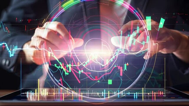 Global Market Insights: A businessman's hands manipulate a futuristic, holographic representation of the world, surrounded by fluctuating charts and data, showcasing the power of technology in the mod