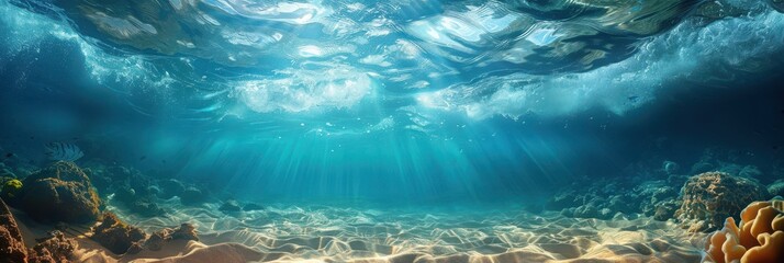 Serene underwater scene with sun rays piercing through the ocean, revealing the sandy seabed. Free copy space for text.