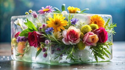 Ice-cube bouquet with colorful flowers and greenery, ice, cube, bouquet, flowers, greenery, cold, refreshing