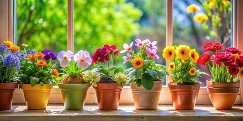 Fototapeta premium Vibrant flower pots on a window sill filled with colorful blossoms, window sill, flower pots, vibrant, blossoms, colorful