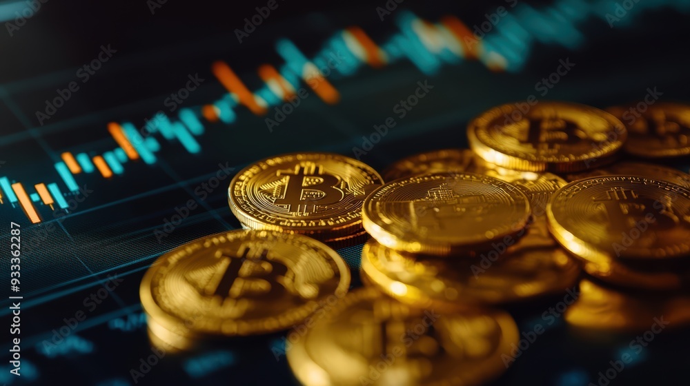 Poster closeup shot of btc coins on a table with a monitor next to them displaying the stock chart