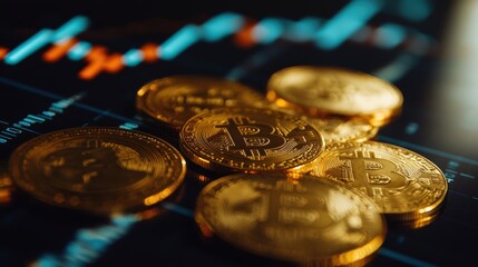 Closeup of BTC Coins on a Table, with a Monitor Showing the Stock Chart Nearby