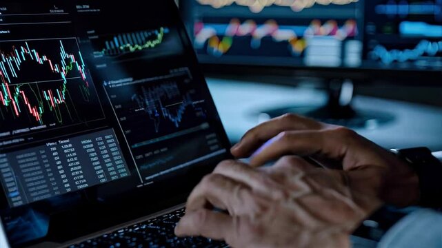Mastering the Markets: Close-up on a trader's hands navigating complex financial data on a laptop, illuminated by the glow of multiple monitors in a high-stakes trading environment. 