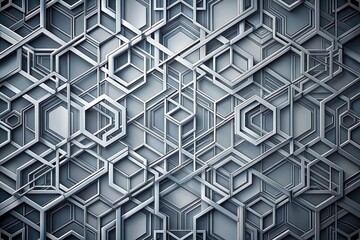 Fototapeta premium Abstract grey geometric background featuring intricate patterns of interlocking shapes and lines in various shades of grey, creating a futuristic and modern design element.
