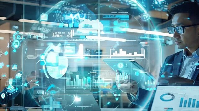 Data-Driven Decisions: A businessman analyzes data visualized as a holographic sphere, showcasing insights and trends in a modern office setting.  