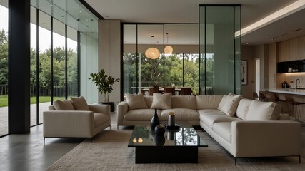 Fototapeta premium minimalist modern living room separated by a glass partition