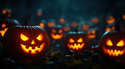 Spooky Witch's Lair with Glowing Pumpkins in Cartoon Style, Halloween Background Design with Copy Space for Text, Quality