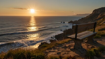 A solitary bench positioned on a cliff overlooking the ocean at sunset. A handwritten note is left on the bench, fluttering slightly in the breeze, with the golden light of the setting sun casting lon